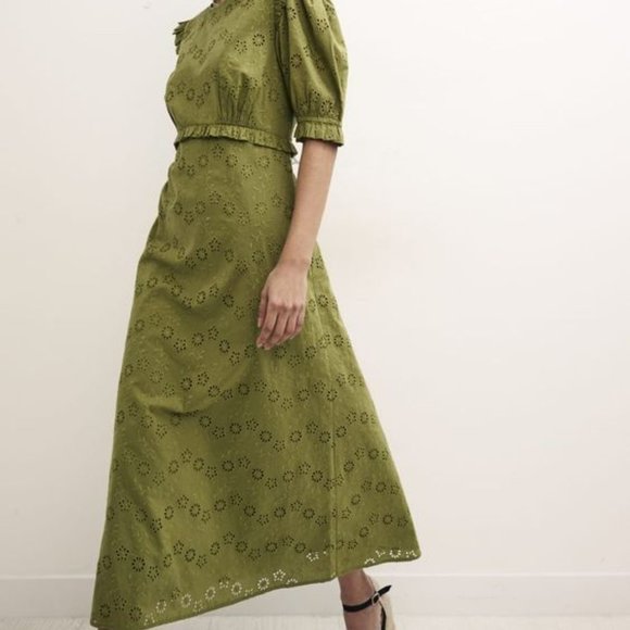 NWT Nobody's Child Olive Green Broderie ORGANIC COTTON Midi Dress - Picture 5 of 8